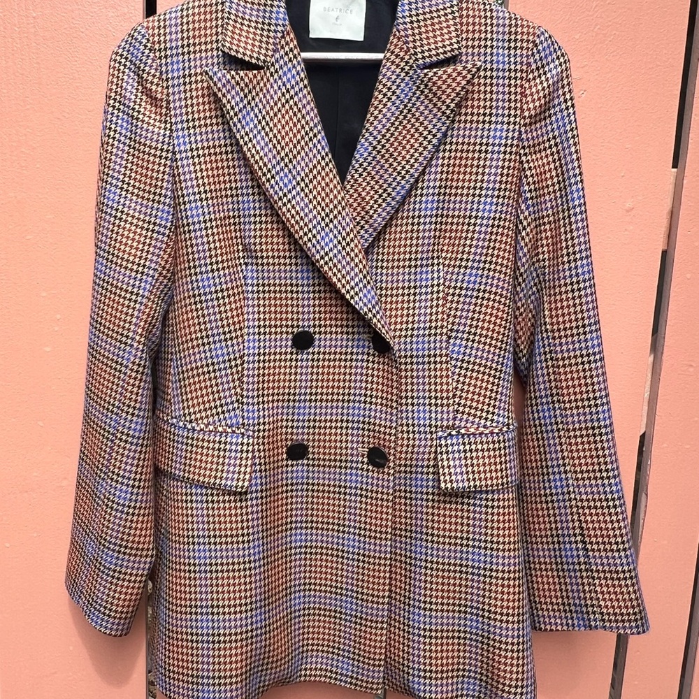 Double-Breasted Plaid Blazer Jacket - Brown Multi - Picture 9 of 10